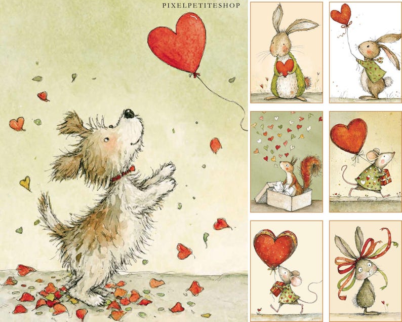 K&ouml;nnte beinhalten: Eine Sammlung skurriler Illustrationen mit Tieren und herzf&ouml;rmigen Ballons. Ein Hund blickt auf einen roten Herzballon, umgeben von fallenden herzf&ouml;rmigen Bl&uuml;tenbl&auml;ttern. Weitere Bilder zeigen ein Kaninchen, ein Eichh&ouml;rnchen und eine Maus mit Herzmotiven.