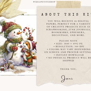 May include: Watercolor illustration of a snowman and a fox in winter attire. The snowman wears a green scarf and hat, holding an apple. The fox wears a matching hat and scarf. The image includes the text "ABOUT THIS KIT" and details about the digital papers.