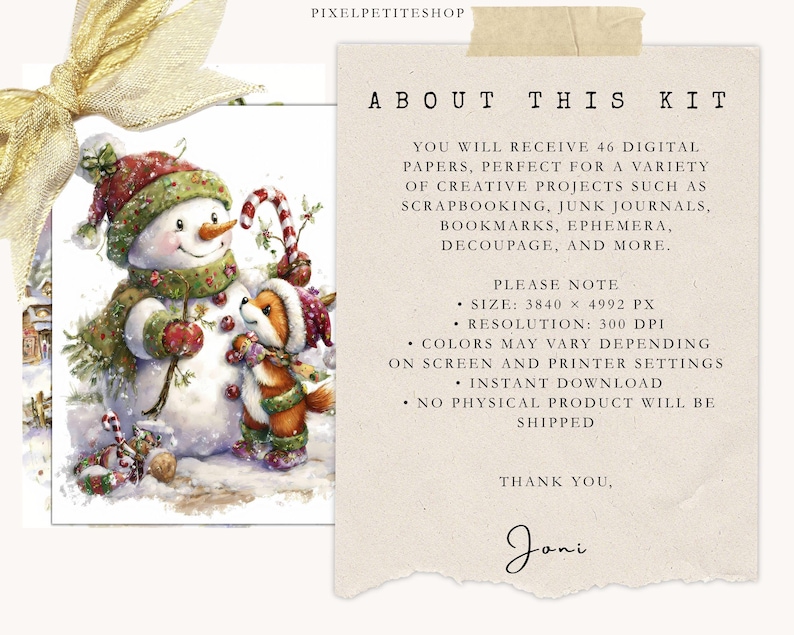 May include: Watercolor illustration of a snowman and a fox in winter attire. The snowman wears a green scarf and hat, holding an apple. The fox wears a matching hat and scarf. The image includes the text "ABOUT THIS KIT" and details about the digital papers.