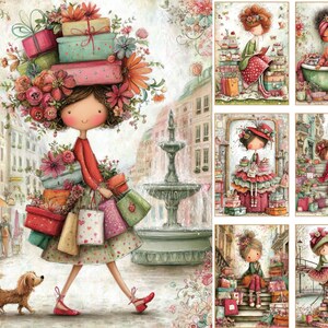 May include: A whimsical illustration depicts a cartoon figure with a floral headdress and carrying gifts and shopping bags. A small dog walks alongside. The background shows a European street scene with a fountain.