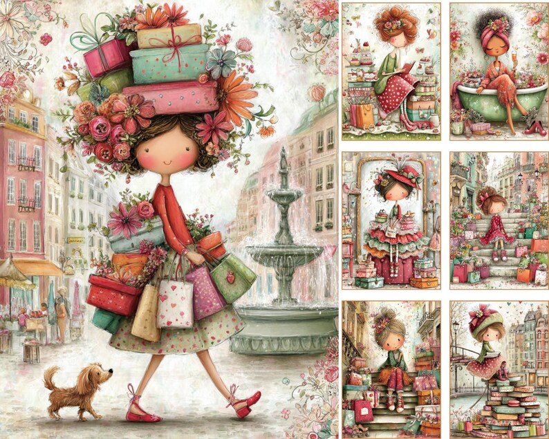 May include: A whimsical illustration depicts a cartoon figure with a floral headdress and carrying gifts and shopping bags. A small dog walks alongside. The background shows a European street scene with a fountain.
