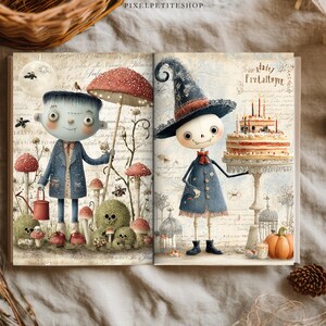 May include: An open book featuring whimsical illustrations of two characters in a forest setting. The left page shows a blue-skinned figure with a red watering can and mushrooms. The right page shows a skeleton figure in a hat holding a birthday cake.