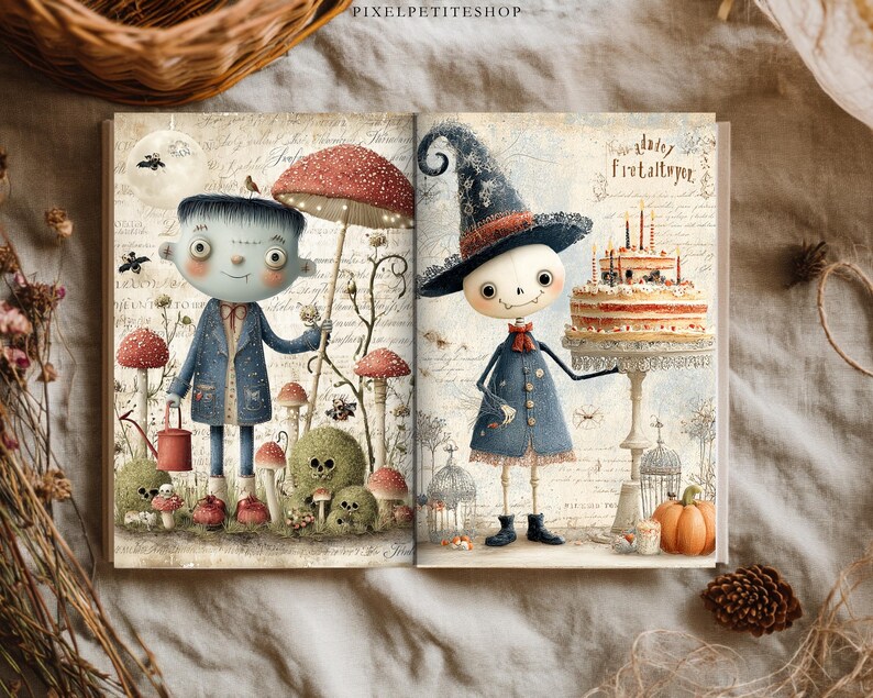 May include: An open book featuring whimsical illustrations of two characters in a forest setting. The left page shows a blue-skinned figure with a red watering can and mushrooms. The right page shows a skeleton figure in a hat holding a birthday cake.