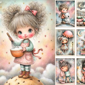 May include: Watercolor illustration of a cute girl with curly hair holding a whisk and bowl, wearing a pink apron. The image has a whimsical style with a soft color palette and includes other illustrations of children.