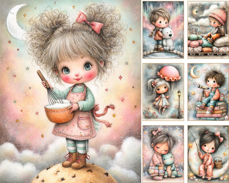 May include: Watercolor illustration of a cute girl with curly hair holding a whisk and bowl, wearing a pink apron. The image has a whimsical style with a soft color palette and includes other illustrations of children.