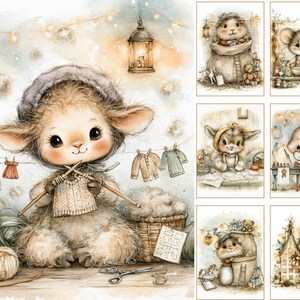 May include: A collection of watercolor-style illustrations featuring anthropomorphic animals. The main image shows a fluffy lamb wearing a bonnet and knitting a sweater, surrounded by yarn balls, a basket, and hanging clothes. Six smaller panels depict mice.