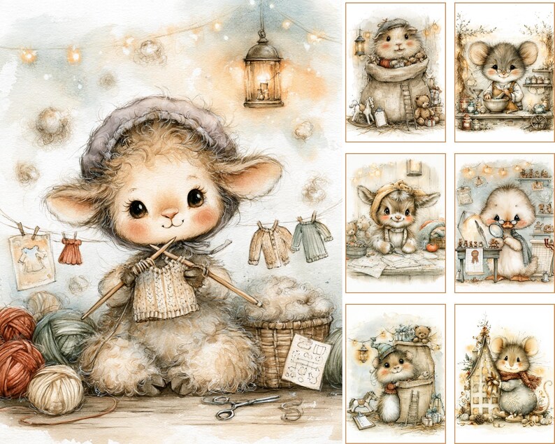 May include: A collection of watercolor-style illustrations featuring anthropomorphic animals. The main image shows a fluffy lamb wearing a bonnet and knitting a sweater, surrounded by yarn balls, a basket, and hanging clothes. Six smaller panels depict mice.