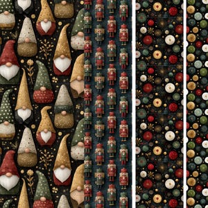 May include: A repeating pattern of Christmas gnomes with red, green, and gold hats and white beards. Adjacent are patterns of toy nutcrackers and colorful, round ornaments on a black background. Festive holiday theme.