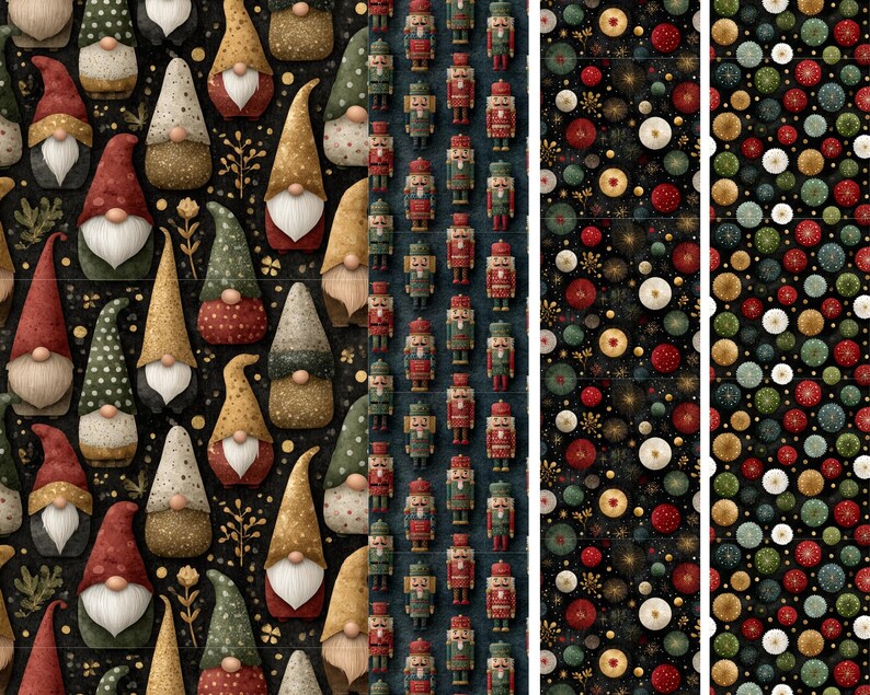 May include: A repeating pattern of Christmas gnomes with red, green, and gold hats and white beards. Adjacent are patterns of toy nutcrackers and colorful, round ornaments on a black background. Festive holiday theme.