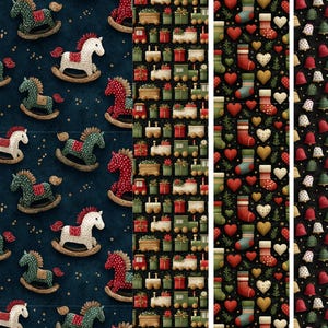 May include: A collection of Christmas-themed patterns. One features rocking horses in red, white, and green on a navy blue background. Other patterns include trains, gifts, stockings, hearts, bells, and polka dots.