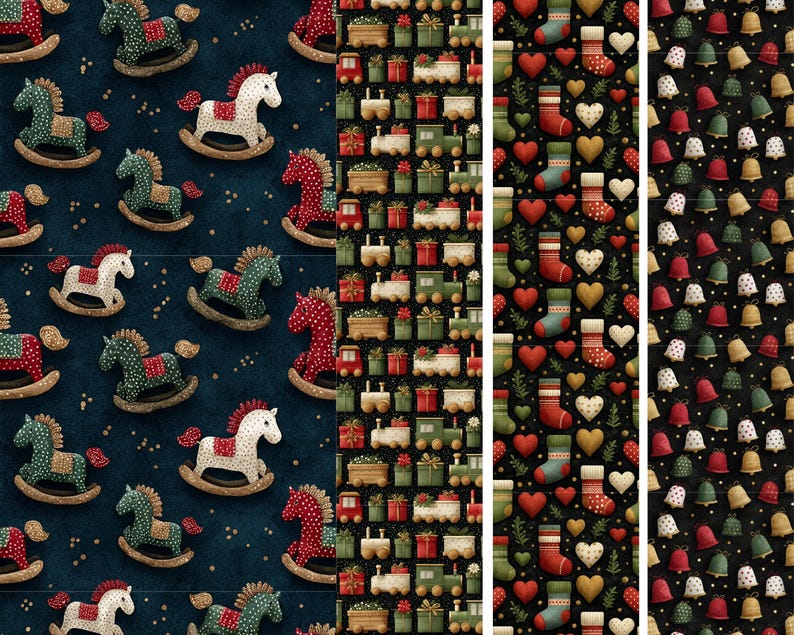 May include: A collection of Christmas-themed patterns. One features rocking horses in red, white, and green on a navy blue background. Other patterns include trains, gifts, stockings, hearts, bells, and polka dots.