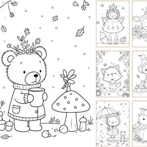 May include: A collection of black and white coloring pages featuring woodland animals in autumn settings. The main illustration shows a bear in a coat holding a mug near a mushroom with a fairy, while six smaller panels depict foxes, a deer, and birds.