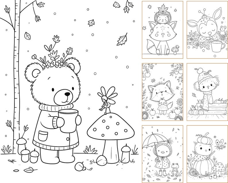 May include: A collection of black and white coloring pages featuring woodland animals in autumn settings. The main illustration shows a bear in a coat holding a mug near a mushroom with a fairy, while six smaller panels depict foxes, a deer, and birds.