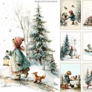 Op de afbeelding: Waterverfillustraties van kinderen in winterse taferelen. E&eacute;n afbeelding toont een kind in een blauwgroene jas en roze hoed dat met een lantaarn loopt, gevolgd door een vos. Andere afbeeldingen tonen kinderen die omgaan met vogels, sneeuw en een vos.