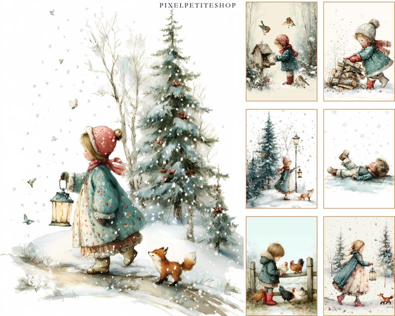 Op de afbeelding: Waterverfillustraties van kinderen in winterse taferelen. E&eacute;n afbeelding toont een kind in een blauwgroene jas en roze hoed dat met een lantaarn loopt, gevolgd door een vos. Andere afbeeldingen tonen kinderen die omgaan met vogels, sneeuw en een vos.