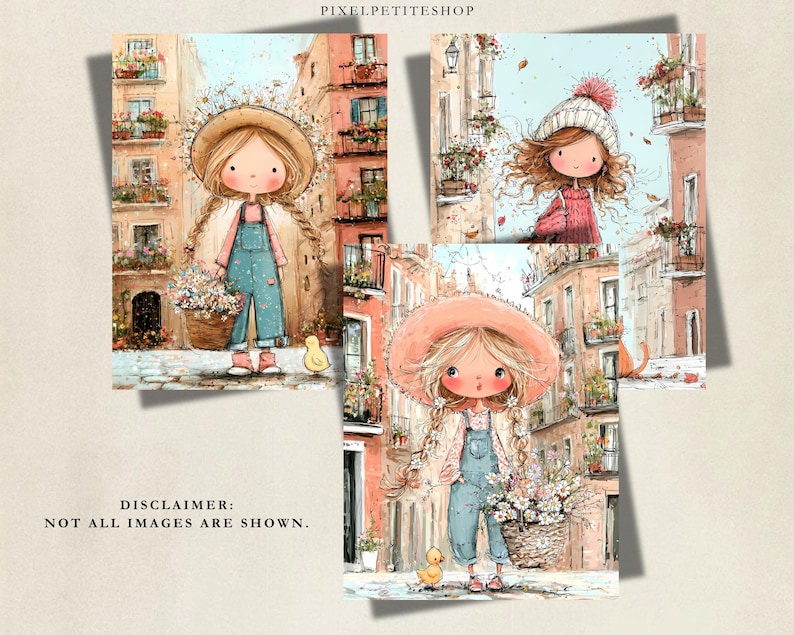 以下が含まれることがあります： 都市の風景の中にいるキャラクターを描いた3枚のデジタルイラスト。1枚はオーバーオールに麦わら帽子と花を持つ人物、もう1枚はニット帽とセーターを着た人物、3枚目はピンクの帽子をかぶった人物。テキスト：PIXELPETITESHOPおよびDISCLAIMER: NOT ALL IMAGES ARE SHOWN。