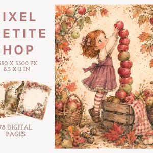 Op de afbeelding: Een digitale kunstcollectie genaamd PIXEL PETITE SHOP met 78 pagina's van 21,59 x 27,94 cm. De illustratie toont een kind in een paarse jurk die rode appels op een houten kist stapelt te midden van herfstbladeren, eikels en paddenstoelen.