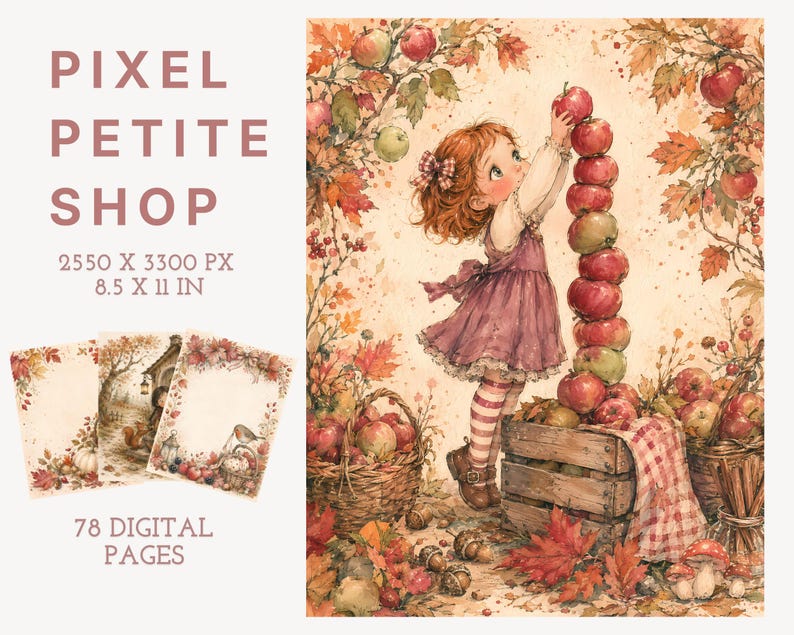 Op de afbeelding: Een digitale kunstcollectie genaamd PIXEL PETITE SHOP met 78 pagina's van 21,59 x 27,94 cm. De illustratie toont een kind in een paarse jurk die rode appels op een houten kist stapelt te midden van herfstbladeren, eikels en paddenstoelen.