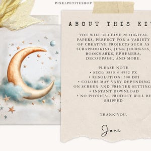 May include: A digital art print featuring a crescent moon in shades of orange and gold, nestled in blue clouds, surrounded by stars. The text on the right says "ABOUT THIS KIT" and describes the digital papers.