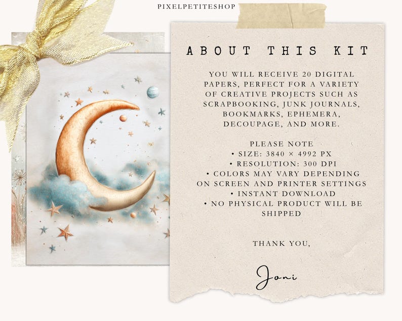 May include: A digital art print featuring a crescent moon in shades of orange and gold, nestled in blue clouds, surrounded by stars. The text on the right says "ABOUT THIS KIT" and describes the digital papers.