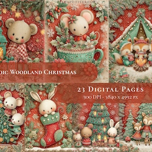 May include: A digital art print titled "Nordic Woodland Christmas" featuring whimsical illustrations. The artwork includes images of cute animals, Christmas trees, lanterns, and a cozy campfire scene, all set against a festive red backdrop. The print includes 23 digital pages.
