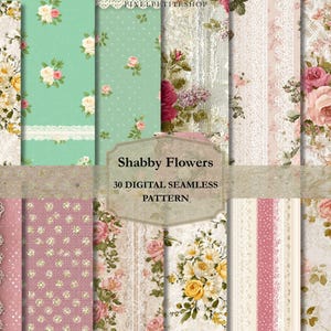 May include: A collection of digital seamless patterns with a shabby chic floral theme. The patterns feature roses, daisies, and lace in soft pastel colors like pink, green, and cream. The text "Shabby Flowers" and "30 Digital Seamless Pattern" is visible.