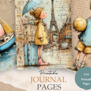 May include: A collection of 100 printable journal pages featuring watercolour-style illustrations. Designs include a blue sailboat on water, a person with a blue umbrella and suitcase in Paris near the Eiffel Tower, and a person holding a yellow ball.