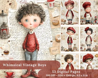 May include: Digital art featuring whimsical vintage boys. The main image shows a boy in a red sweater with white polka dots and blue jeans. Additional images depict boys in chef attire. The text reads "Whimsical Vintage Boys" and "53 Digital Pages".
