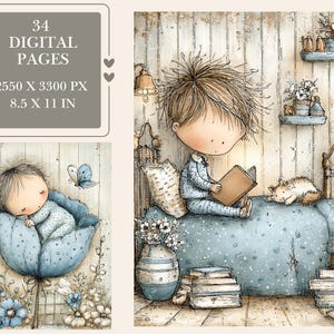 May include: Watercolor illustration of a child reading in bed, with a cat and flowers. The image includes a baby sleeping in a blue flower and text that reads "34 DIGITAL PAGES 2550 X 3300 PX 8.5 X 11 IN".