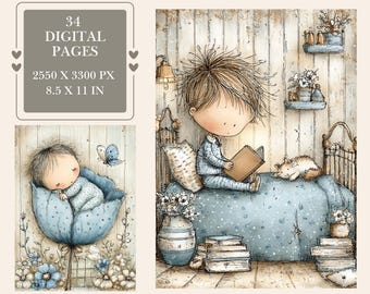 May include: Watercolor illustration of a child reading in bed, with a cat and flowers. The image includes a baby sleeping in a blue flower and text that reads "34 DIGITAL PAGES 2550 X 3300 PX 8.5 X 11 IN".