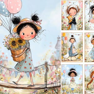 May include: A watercolour illustration of a girl with black hair, wearing a straw hat and a floral dress, carrying a basket of sunflowers and balloons. The girl is walking on a wooden bridge decorated with flags. The image also includes six other illustrations of girls.