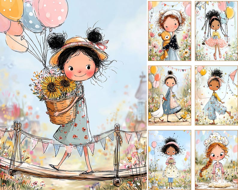 May include: A watercolour illustration of a girl with black hair, wearing a straw hat and a floral dress, carrying a basket of sunflowers and balloons. The girl is walking on a wooden bridge decorated with flags. The image also includes six other illustrations of girls.