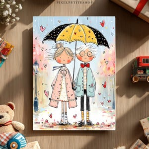 May include: A whimsical illustration depicts a couple under a yellow and black umbrella, surrounded by hearts. The artwork features a light blue background with a street lamp and falling rain. The couple is dressed in coats and standing on a path.