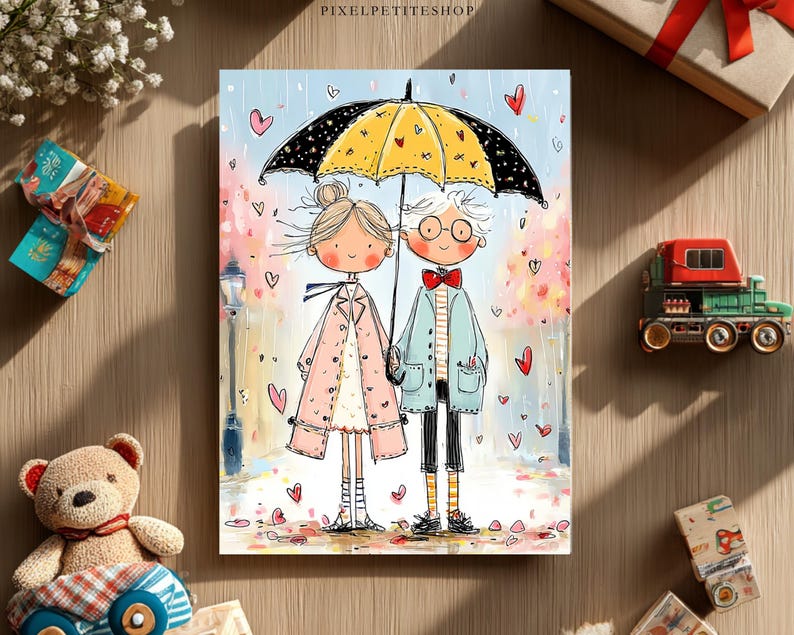 May include: A whimsical illustration depicts a couple under a yellow and black umbrella, surrounded by hearts. The artwork features a light blue background with a street lamp and falling rain. The couple is dressed in coats and standing on a path.