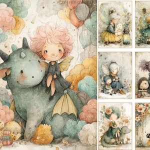 May include: Watercolor illustration featuring a fairy with pink hair riding a friendly green dragon, surrounded by pastel-colored balloons and clouds. Additional images show fairies with animals and flowers. The style is whimsical and soft, perfect for children's decor.