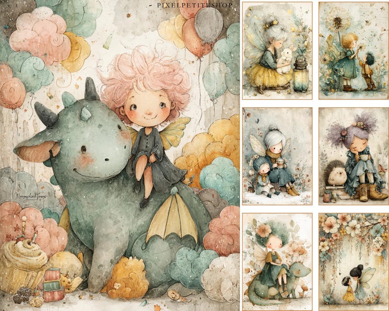 May include: Watercolor illustration featuring a fairy with pink hair riding a friendly green dragon, surrounded by pastel-colored balloons and clouds. Additional images show fairies with animals and flowers. The style is whimsical and soft, perfect for children's decor.