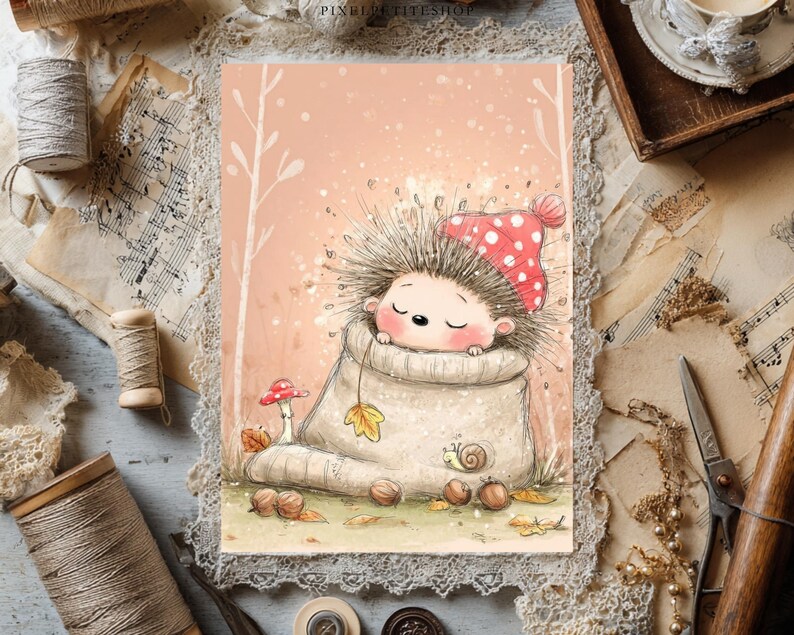 May include: A rectangular art print featuring a cartoon hedgehog with closed eyes wearing a red and white polka dot hat, nestled inside a beige knit pouch. The illustration includes a small mushroom, a snail, and scattered autumn leaves.
