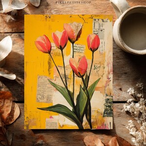 May include: An abstract painting of red tulips against a yellow background with collage elements. The artwork features green leaves and black stems, with a neutral-toned mug and dried flowers in the background. The painting has a textured appearance.
