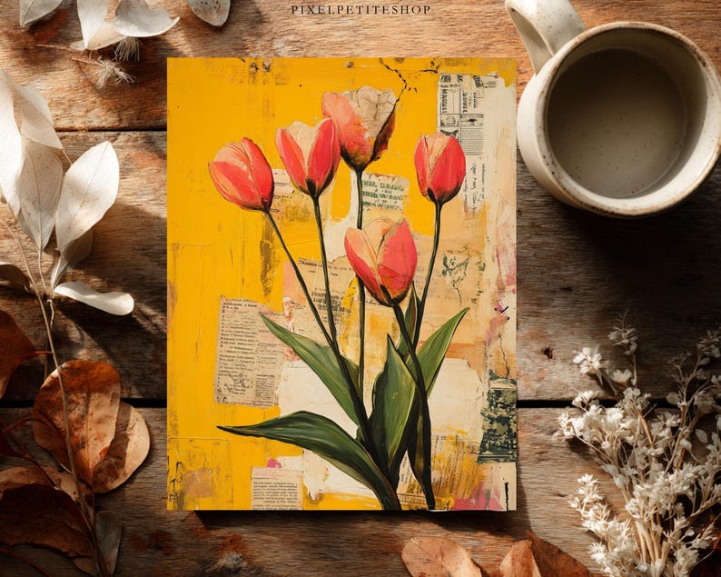 May include: An abstract painting of red tulips against a yellow background with collage elements. The artwork features green leaves and black stems, with a neutral-toned mug and dried flowers in the background. The painting has a textured appearance.