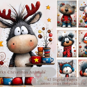 Witzige Weihnachtstiere Digitales Papier | Junk Journal Seiten, Karten (Digitaler Download) Bild 1