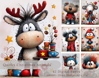 Quirky Christmas Animals Digital Paper | Junk Journal Pages, Cards (Digital Download)