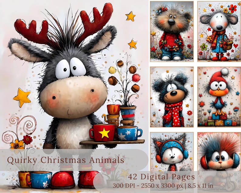 Witzige Weihnachtstiere Digitales Papier | Junk Journal Seiten, Karten (Digitaler Download) Bild 1