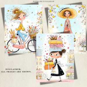May include: Three digital illustrations featuring stylized characters. One shows a person on a bicycle with flowers and bread. Another depicts a person in a wide-brimmed hat and floral dress. The third shows a person carrying stacked gift boxes.