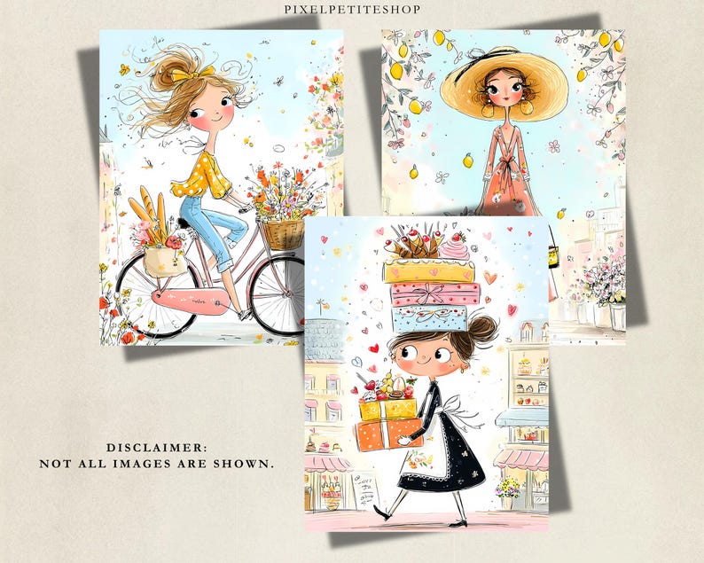 May include: Three digital illustrations featuring stylized characters. One shows a person on a bicycle with flowers and bread. Another depicts a person in a wide-brimmed hat and floral dress. The third shows a person carrying stacked gift boxes.