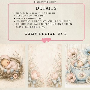 May include: A digital download set featuring three illustrations: a baby sleeping in a nest, a floral background, and a baby sleeping in a teacup. Text includes PIXELPETITESHOP, DETAILS, SIZE: 2550 X 3300 PX | 8.5X11 IN, RESOLUTION: 300 DPI, and COMMERCIAL USE.