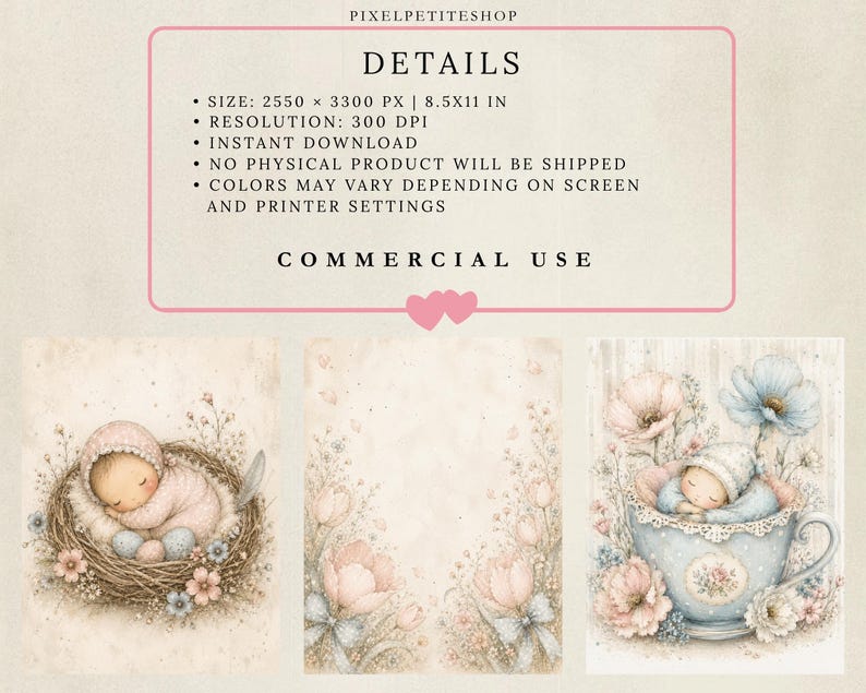 May include: A digital download set featuring three illustrations: a baby sleeping in a nest, a floral background, and a baby sleeping in a teacup. Text includes PIXELPETITESHOP, DETAILS, SIZE: 2550 X 3300 PX | 8.5X11 IN, RESOLUTION: 300 DPI, and COMMERCIAL USE.