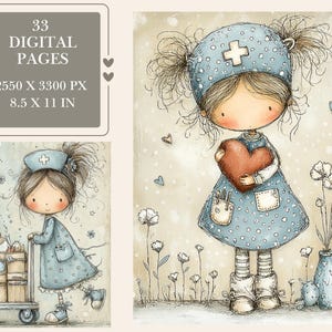 May include: Digital art print featuring a cartoon nurse holding a heart. The nurse wears a blue dress and hat with a cross symbol. The image includes text: "33 Digital Pages, 2550 x 3300 px, 8.5 x 11 in."