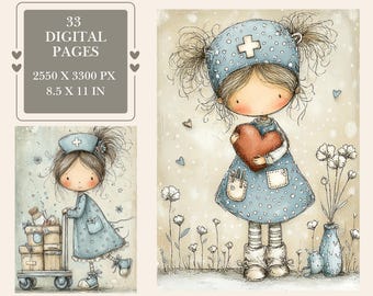 Puede incluir: Impresión de arte digital que presenta a una enfermera de dibujos animados sosteniendo un corazón. La enfermera lleva un vestido y un sombrero azules con un símbolo de cruz. La imagen incluye texto: "33 páginas digitales, 2550 x 3300 px, 21,6 x 27,9 cm."