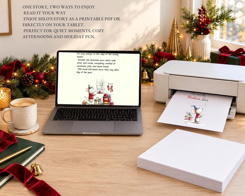 May include: A laptop displaying a story about a mouse, a white printer outputting a page with a mouse illustration, and a stack of white paper. The text on the screen reads: His tiny cottage at the edge of the snowy woods. Outside, the branches were white with snow, and inside, everything smelled of cinnamon, pine, and warm bread. Milo loved Christmas more than any other day of the year.