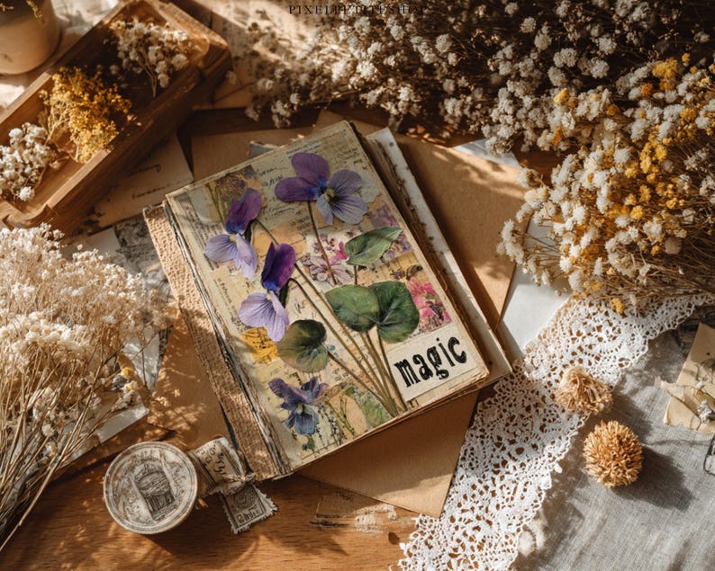 May include: A vintage-style journal with pressed purple violets and green leaves on the cover, with the word "magic" printed on the front. The journal is surrounded by dried flowers, lace, and antique ephemera.